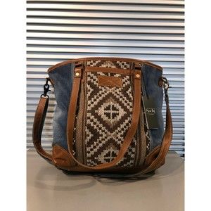 BOHO Vintage MYRA Genuine Leather & Denim Jeans Repurposed Rug Tote Bag